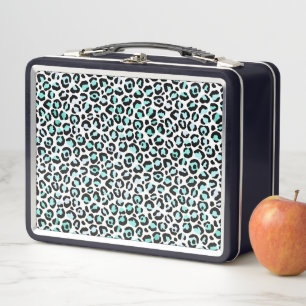 Animal Print Blue Spots Turquoise Pink Faux Black Metal Lunch Box