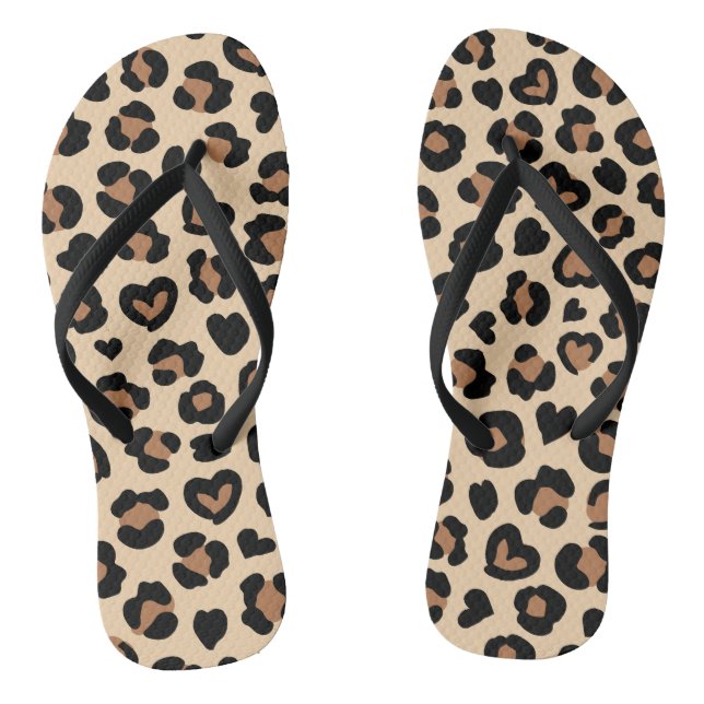 Animal Print, Brown Leopard, Cheetah Spots, Hearts Flip Flops (Footbed)