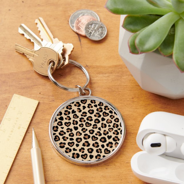 Animal Print, Brown Leopard, Cheetah Spots, Hearts Key Ring (Desk)
