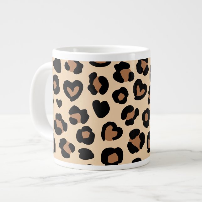 Animal Print, Brown Leopard, Cheetah Spots, Hearts Large Coffee Mug (Front Left)