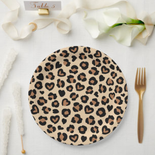 Animal Print, Brown Leopard, Cheetah Spots, Hearts Paper Plate