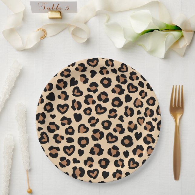 Animal Print, Brown Leopard, Cheetah Spots, Hearts Paper Plate (Wedding)