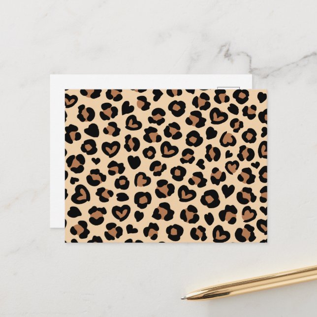 Animal Print, Brown Leopard, Cheetah Spots, Hearts Postcard (Front/Back In Situ)