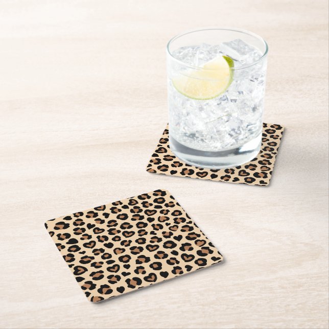Animal Print, Brown Leopard, Cheetah Spots, Hearts Square Paper Coaster (Insitu)