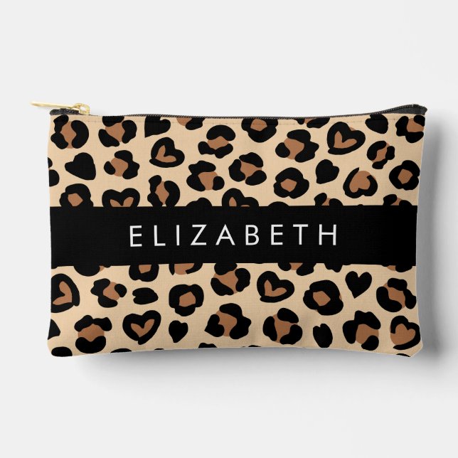 Animal Print, Brown Leopard, Hearts, Your Name Accessory Pouch (Front)