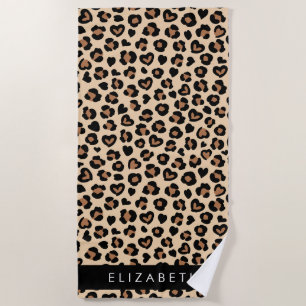 Animal Print, Brown Leopard, Hearts, Your Name Beach Towel