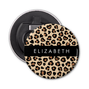 Animal Print, Brown Leopard, Hearts, Your Name Bottle Opener