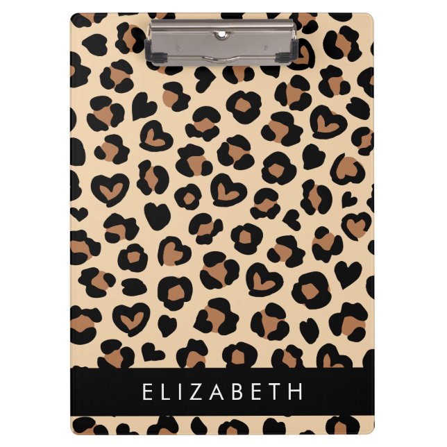 Animal Print, Brown Leopard, Hearts, Your Name Clipboard (Front)