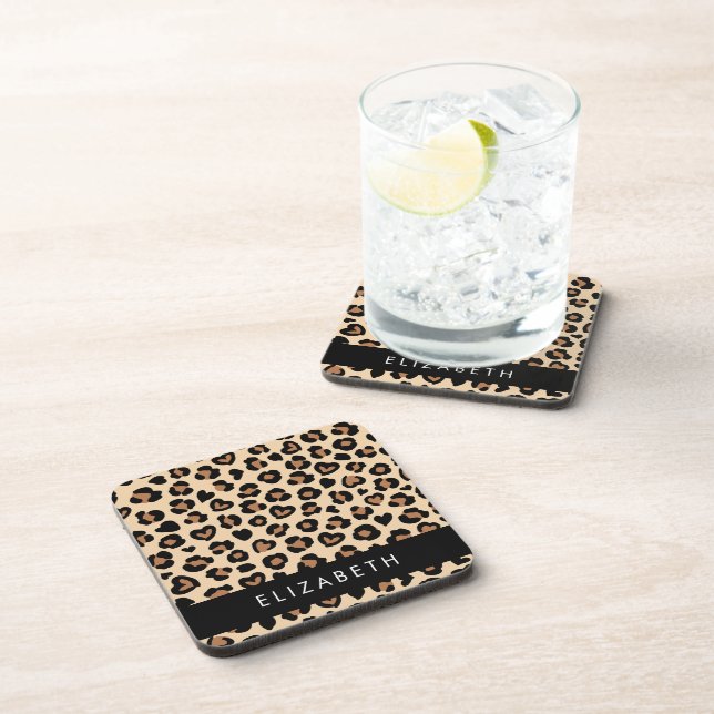 Animal Print, Brown Leopard, Hearts, Your Name Coaster (Right Side)