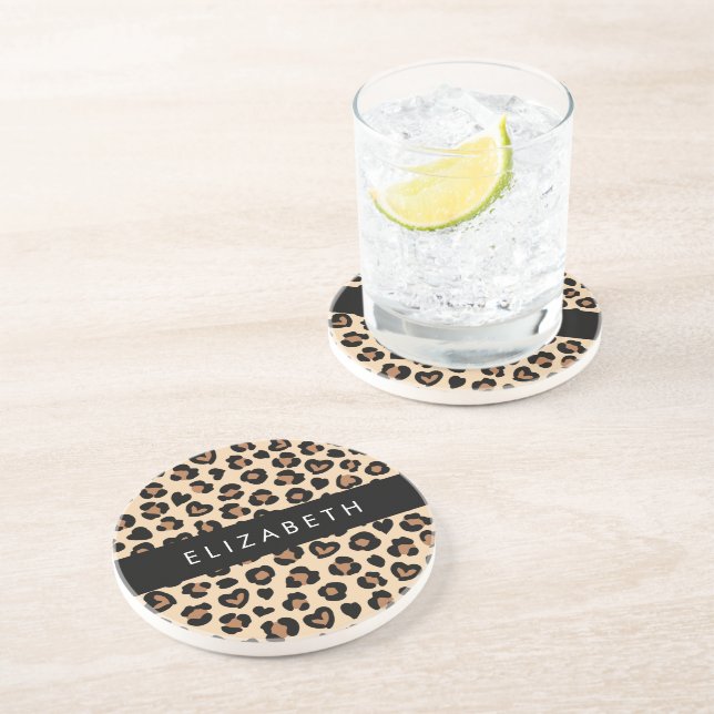 Animal Print, Brown Leopard, Hearts, Your Name Coaster (Side)