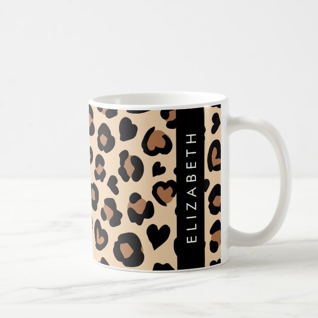 Animal Print, Brown Leopard, Hearts, Your Name Coffee Mug (Right)