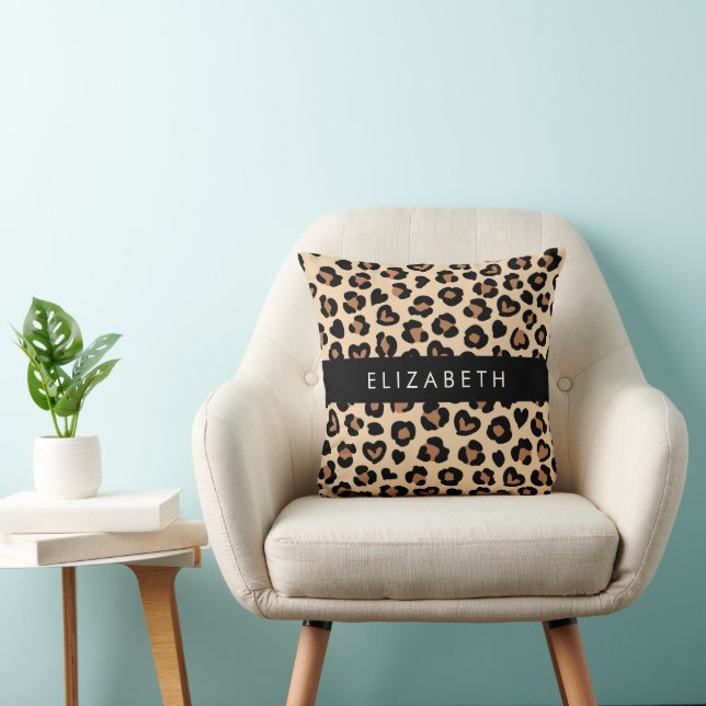 Animal Print, Brown Leopard, Hearts, Your Name Cushion (Chair)