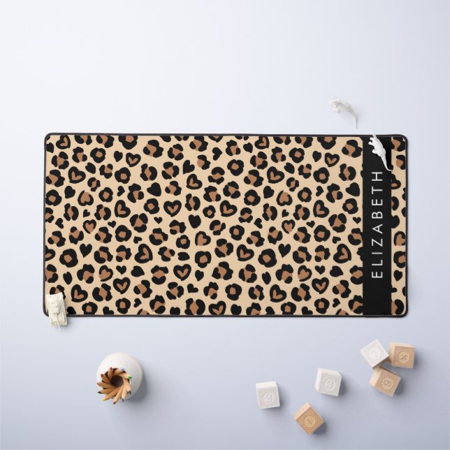 Animal Print, Brown Leopard, Hearts, Your Name Desk Mat (Kids Table)