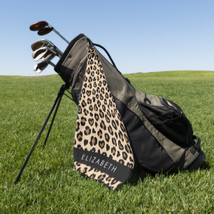 Animal Print, Brown Leopard, Hearts, Your Name Golf Towel