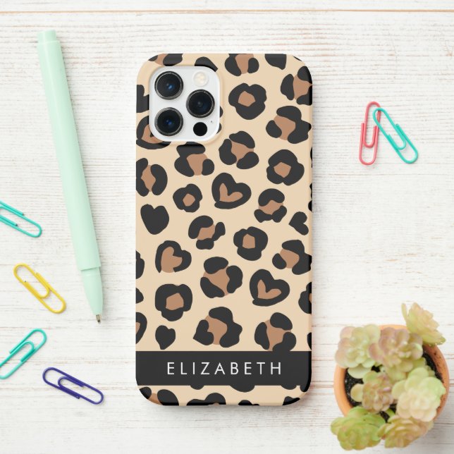 Animal Print, Brown Leopard, Hearts, Your Name iPhone Case (On Desk)