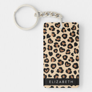 Animal Print, Brown Leopard, Hearts, Your Name Key Ring