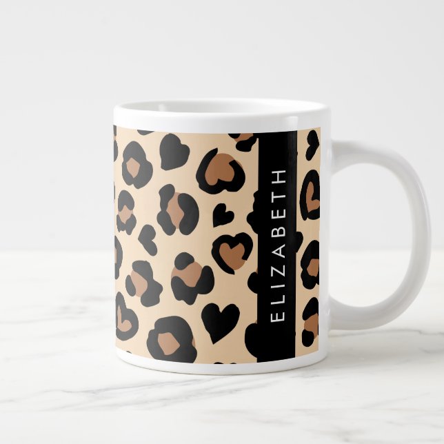 Animal Print, Brown Leopard, Hearts, Your Name Large Coffee Mug (Right)