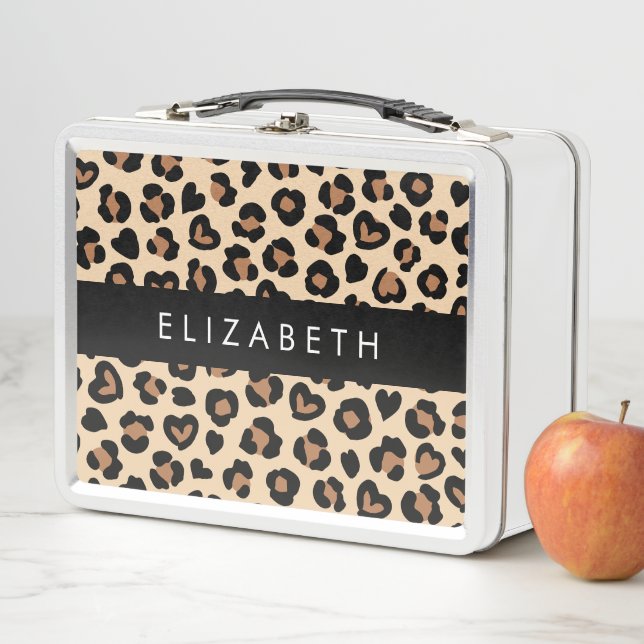 Animal Print, Brown Leopard, Hearts, Your Name Metal Lunch Box (In Situ)