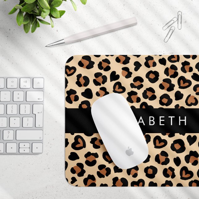 Animal Print, Brown Leopard, Hearts, Your Name Mouse Mat (Creator Uploaded)