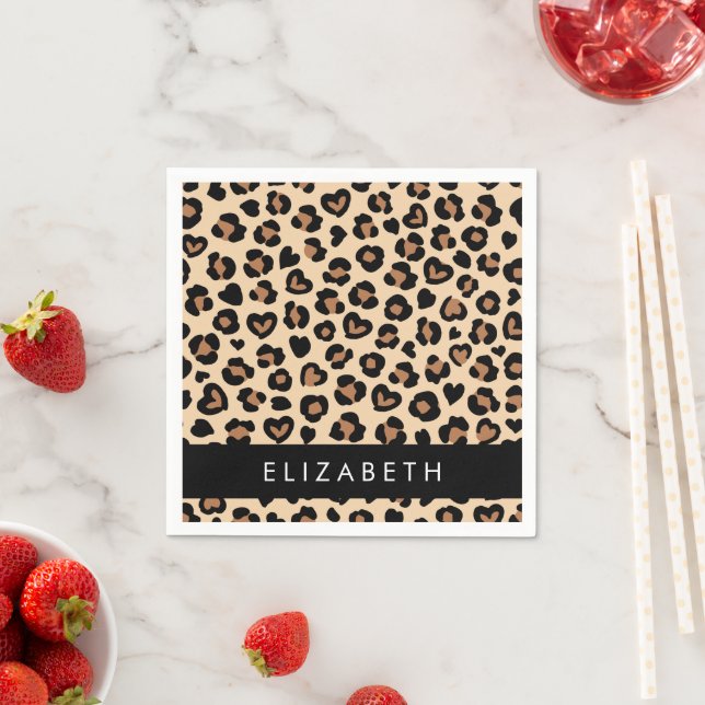 Animal Print, Brown Leopard, Hearts, Your Name Napkin (Insitu)