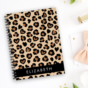 Animal Print, Brown Leopard, Hearts, Your Name Notebook