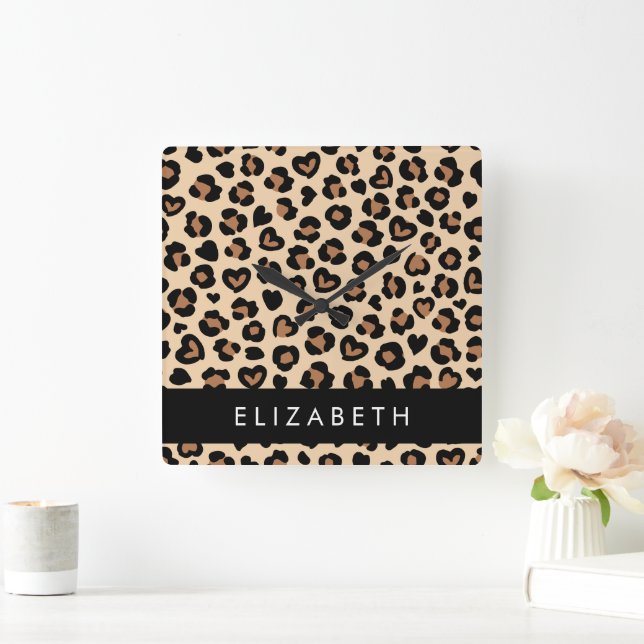 Animal Print, Brown Leopard, Hearts, Your Name Square Wall Clock (Home)