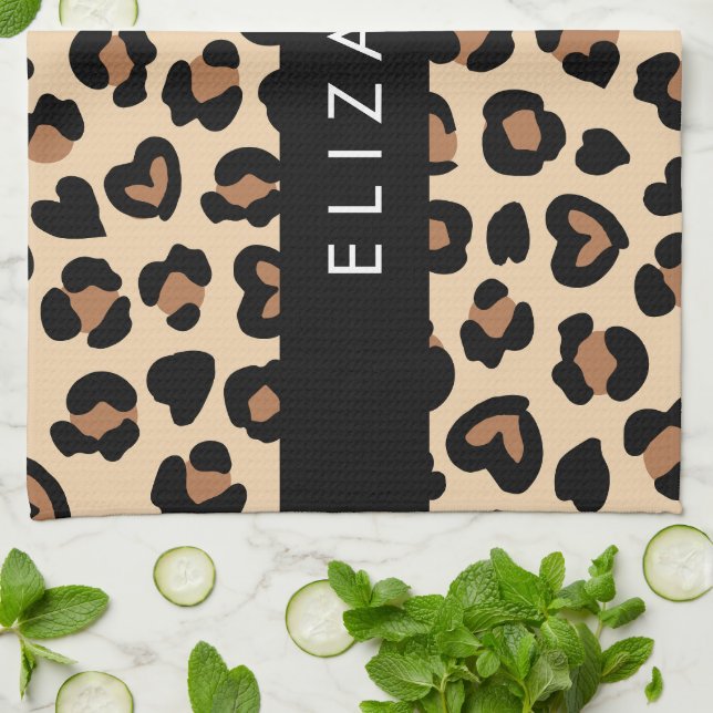 Animal Print, Brown Leopard, Hearts, Your Name Tea Towel (Folded)