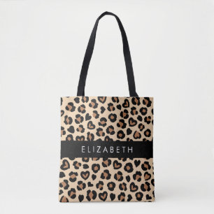 Animal Print, Brown Leopard, Hearts, Your Name Tote Bag