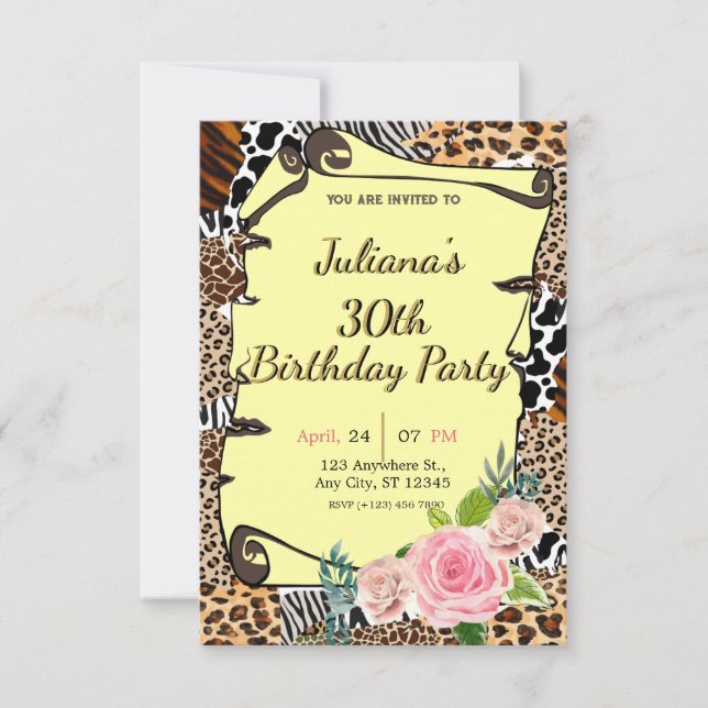 Animal print floral birthday invitation (Front)