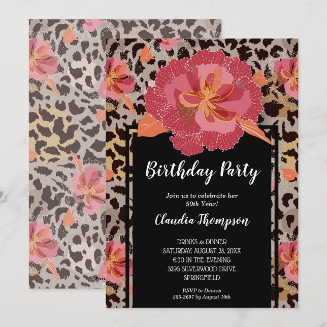 Animal Print Floral Birthday Party Invitations (Front/Back)