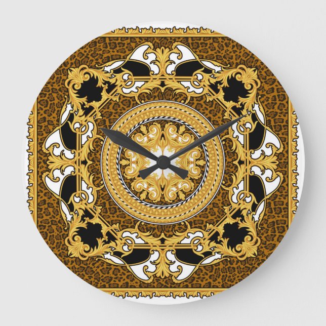 Animal Print Golden Scrolls Silk Large Clock (Front)