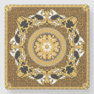 Animal Print Golden Scrolls Silk Stone Coaster