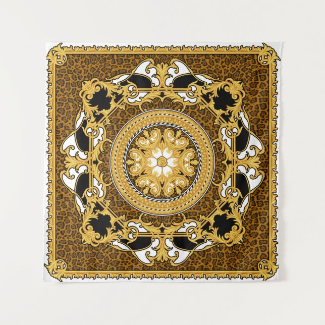 Animal Print Golden Scrolls Silk Tapestry (Front)