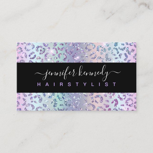 Animal Print Leopard Holographic Glitter Salon Business Card (Front)