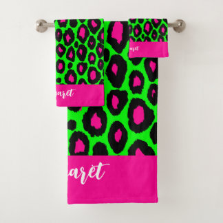 Animal print leopard neon green & custom name bath towel set