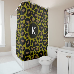 Animal print leopard olive green black initial shower curtain