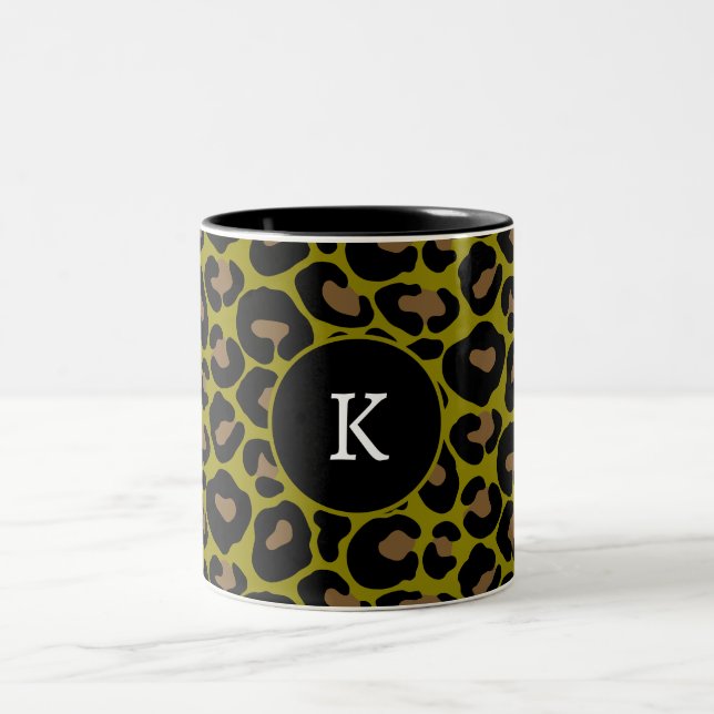 Animal print leopard olive green black initial Two-Tone coffee mug (Center)