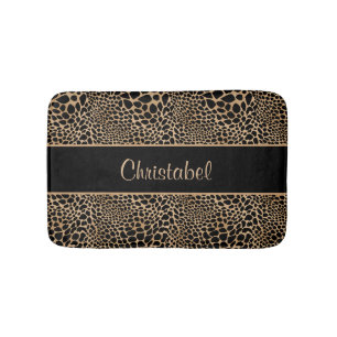 Animal Print Leopard Spots Black & Tan Custom Name Bath Mat