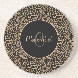 Animal Print Leopard Spots Black & Tan Custom Name Coaster