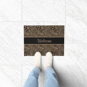 Animal Print Leopard Spots Black & Tan Custom Name Doormat