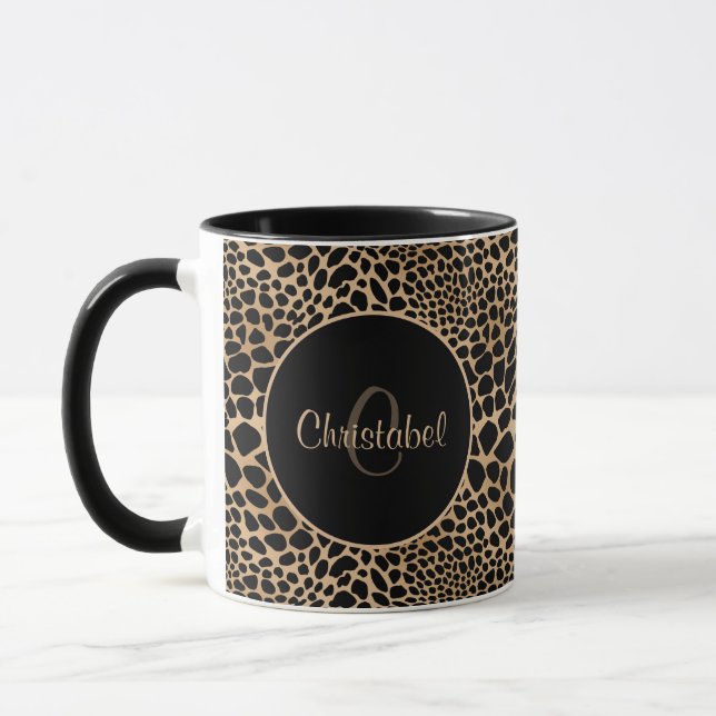 Animal Print Leopard Spots Black & Tan Custom Name Mug (Left)