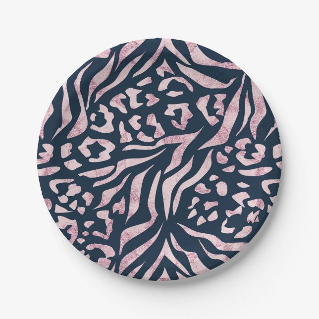 Animal print, leopard, tiger, blue, pink, skin, paper plate (Front)