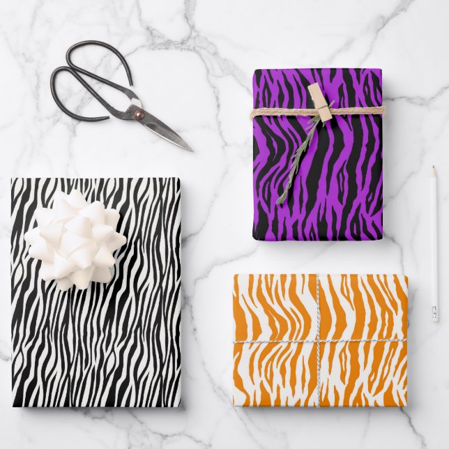 Animal Print Orange Purple Black White Zebra Wrapping Paper Sheet (Front)