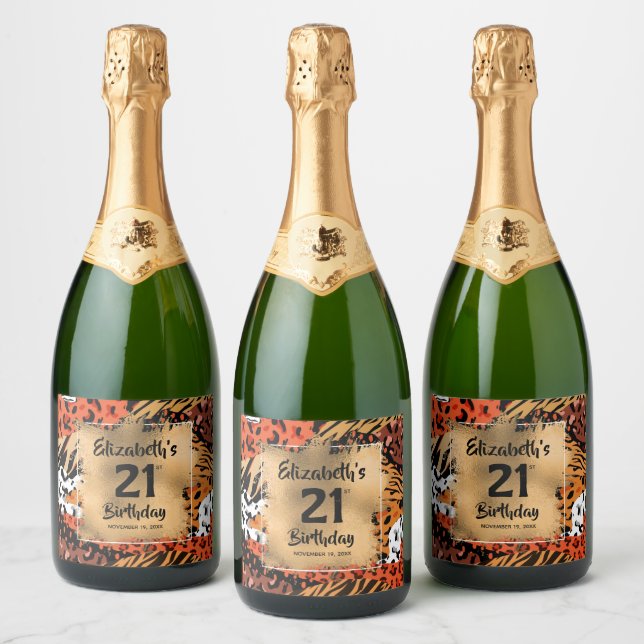 Animal Print Pattern 21st Birthday Personalised Sparkling Wine Label (Bottles)