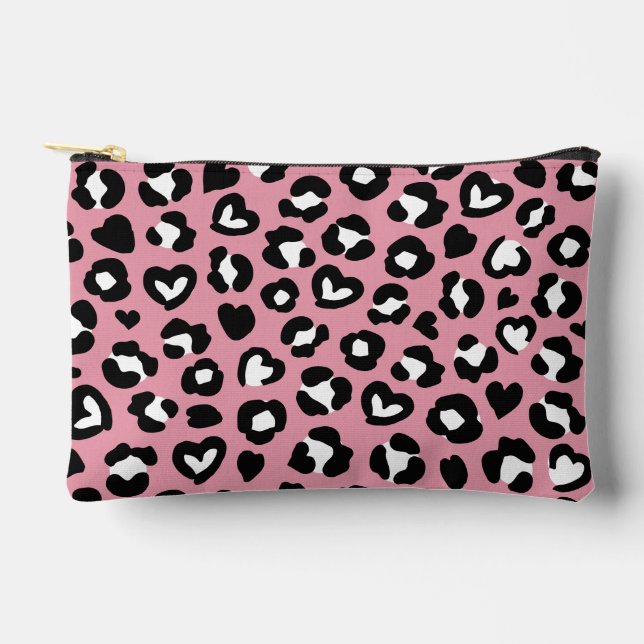 Animal Print, Pink Leopard, Cheetah Spots, Hearts Accessory Pouch (Front)