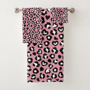 Animal Print, Pink Leopard, Cheetah Spots, Hearts Bath Towel Set