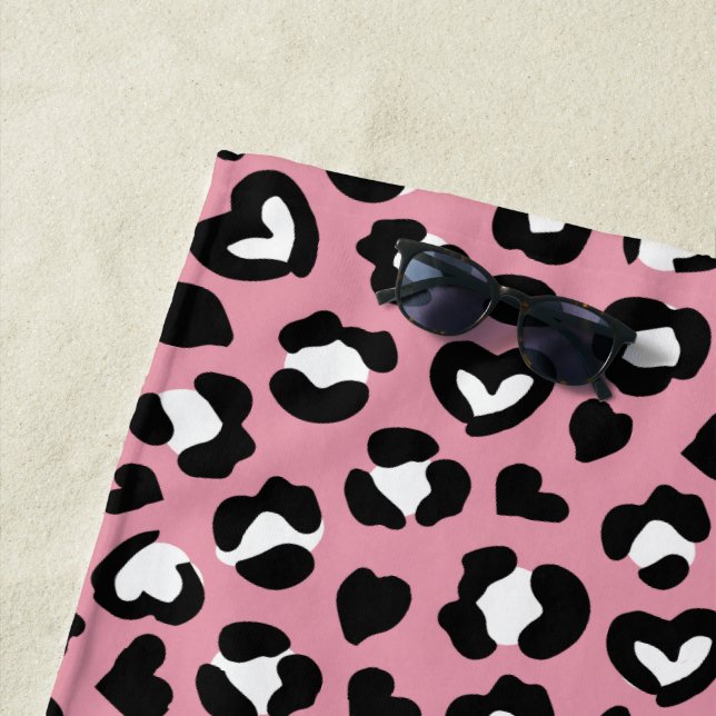 Animal Print, Pink Leopard, Cheetah Spots, Hearts Beach Towel (In Situ)