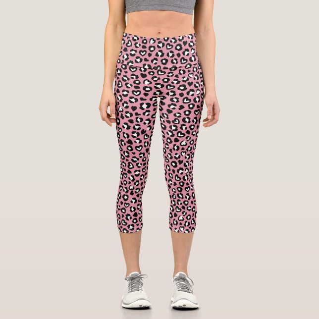 Animal Print, Pink Leopard, Cheetah Spots, Hearts Capri Leggings (Front)