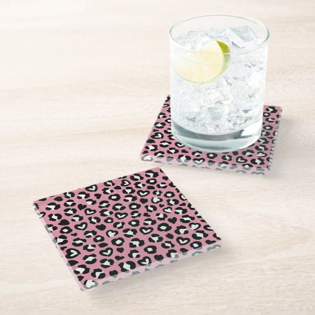 Animal Print, Pink Leopard, Cheetah Spots, Hearts Glass Coaster (Angled)