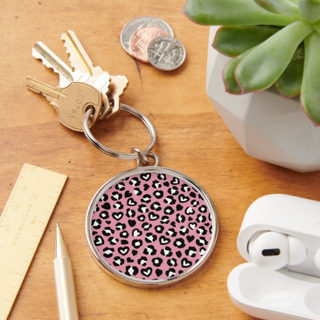 Animal Print, Pink Leopard, Cheetah Spots, Hearts Key Ring (Desk)